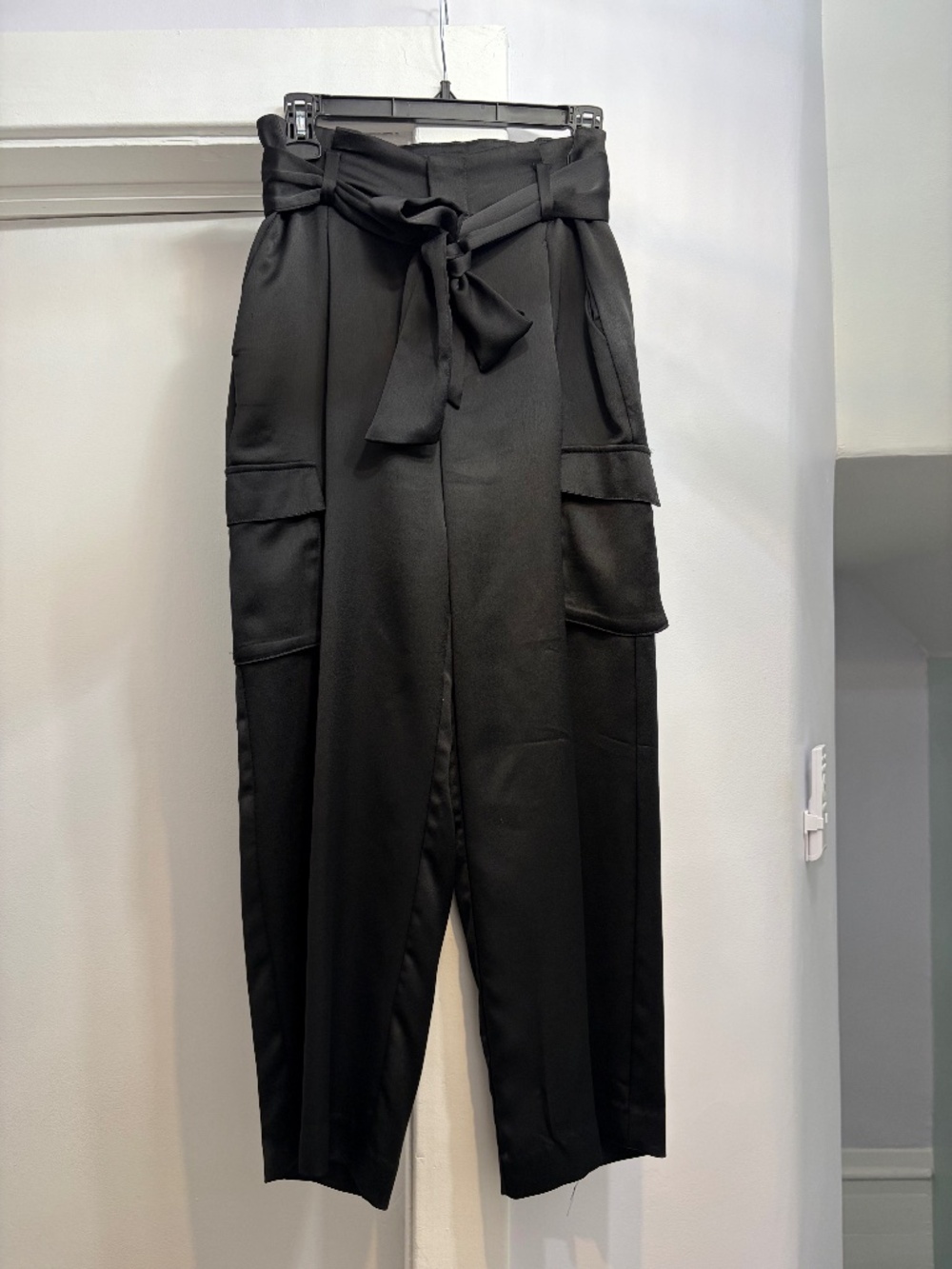 Karl Lagerfeld (4) paper-bag waist cargo silky trousers, cropped, in black.